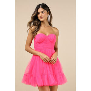 NWT Lulus Lovely Flirtation Hot Pink Tulle Strapless Bustier Mini Dress - Size L